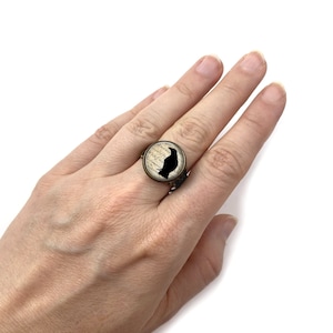 Pu&ograve; includere: Un anello in ottone con una silhouette di corvo nero su sfondo bianco. Il corvo &egrave; appollaiato su un ramo con un design di scrittura vintage.