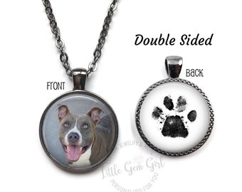 Double Sided Pet Paw Print and Photo Necklace or Key Chain Charm - Your Pet's Actual Pawprint Jewelry - Memorial Remembrance Pendant