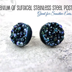Metallic Black Druzy Stud Earrings - Black Crystal Faux Druzy Post Earrings - Hints of Smokey Blue Purple - Titanium or Stainless Studs
