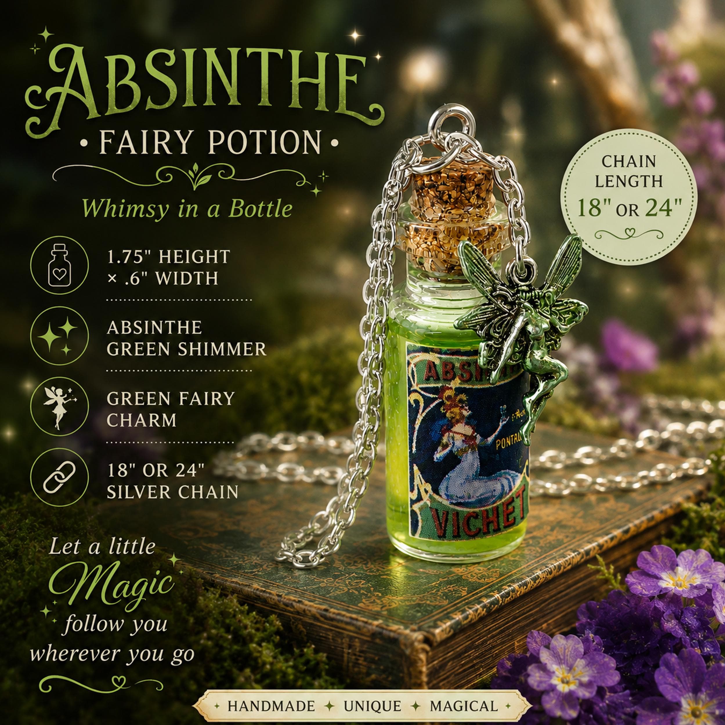 Mini Antique Replica Absinthe Glass Bottle Necklace With Green