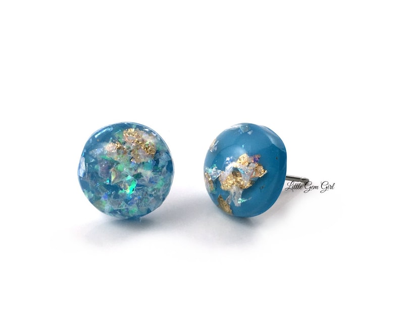 12mm Turquoise Blue Gold Leaf Opal Earrings Titanium or Surgical Stainless Steel Nickel Free Iridescent Blue Stud Earrings