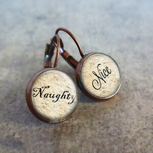 Funny Christmas Earrings - Naughty Nice Earrings - Santa Earrings - Leverback Dangle Earrings in 4 Colors - Naughty Nice List Jewelry