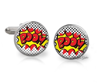 Retro stripboekmanchetknopen - superheld BOOM-manchetknopen voor bruidegom - huwelijkscadeau - beste man geekery - roestvrij staal en sterlingzilver
