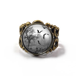 Gothic Cemetery Filigree Ring in Bronze or Silver - Adjustable Band Ring with Bats or Grim Reaper Death