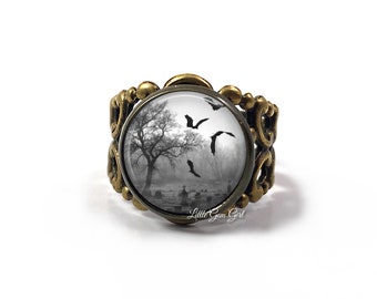 Gothic Cemetery Filigree Ring in Bronze or Silver - Adjustable Band Ring with Bats or Grim Reaper Death