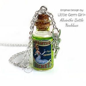 Mini Antique Replica Absinthe Glass Bottle Necklace with Green Fairy Charm - Miniature Potion with Shimmer Liquid - Halloween Jewelry