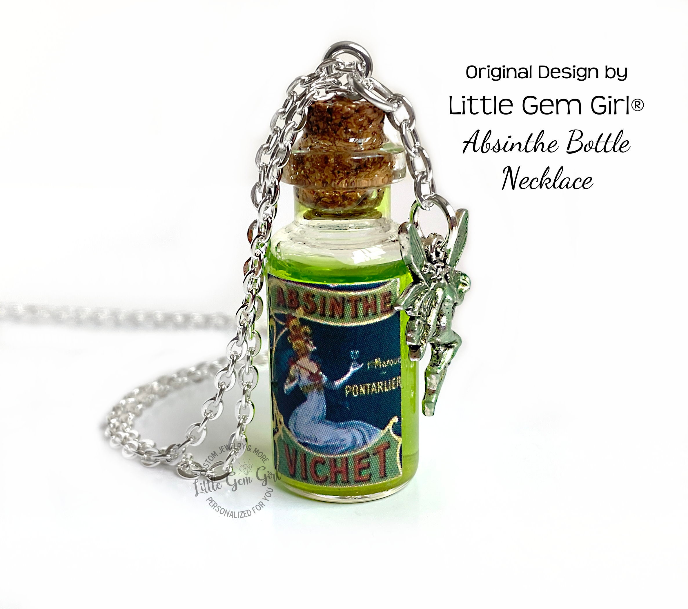Mini Antique Replica Absinthe Glass Bottle Necklace With Green