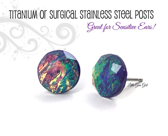 10mm Purple Fire Opal Earrings Rainbow Mardi Gras Color Changing