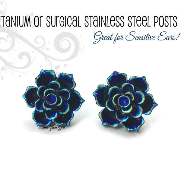 Iridescent Blue Black Succulent Stud Earrings Titanium or Stainless Steel Studs for Sensitive Ears - Peacock Flower Earrings