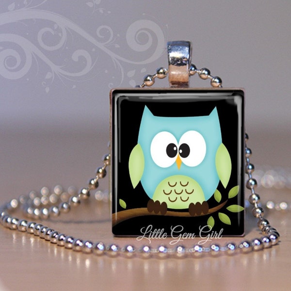 Blue Owl Collier Charm Cute Cartoon Big Eyed Owl Pendentif Scrabble Bijoux