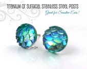 Aqua Mermaid Earrings - Blue Dragon Egg Earrings - 3 Sizes Available in Titanium or Stainless Steel Studs - Fantasy Fairy Tale Earrings