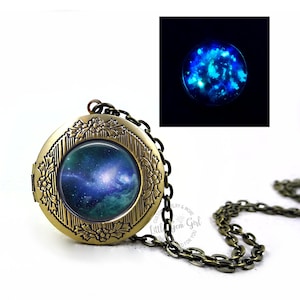 Glow in the Dark Galaxy Locket Necklace, Round 32mm, 24 Space Images Available and 4 Metal Finishes - Glowing Space Jewelry