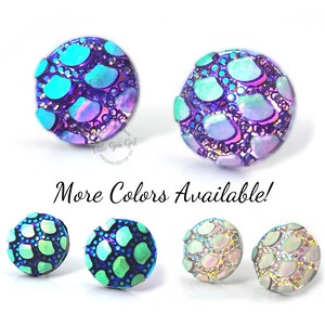 3 pairs of round textured stud earrings that look like turtle shell, dragon, mermaid or fish scales in colors of purple, aqua, navy blue, green and white rainbow