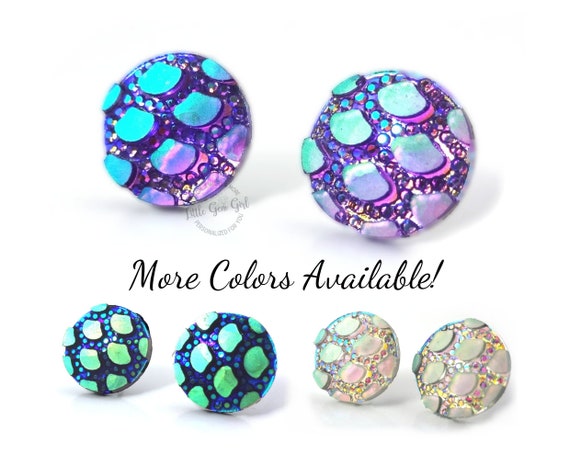 12mm Mermaid Scale Stud Earrings in Blue, Purple or White Rainbow with Titanium or Stainless Steel Posts, Hypoallergenic Nickel Free
