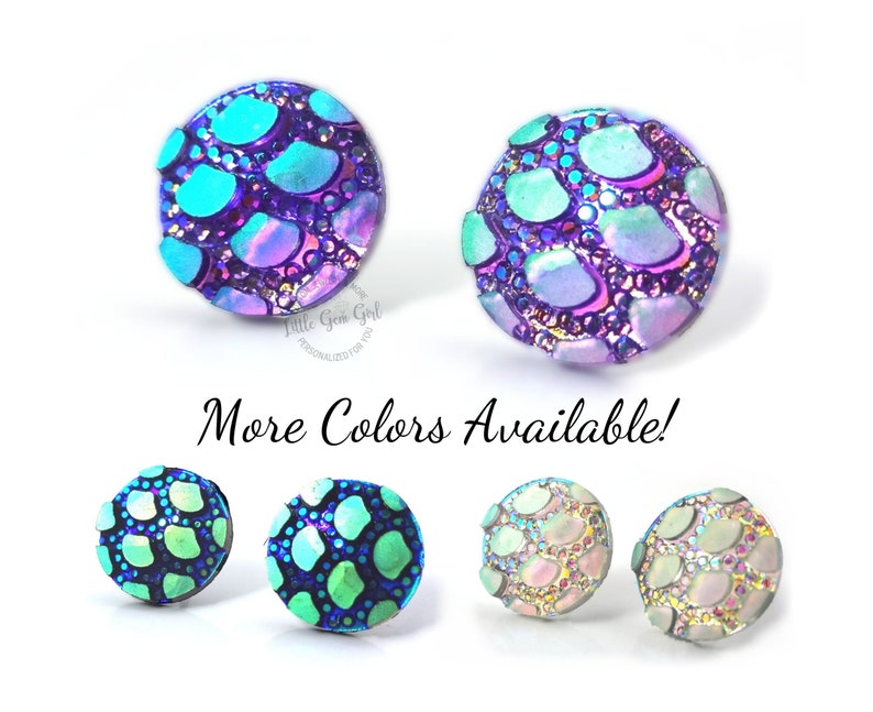 3 pairs of round textured stud earrings that look like turtle shell, dragon, mermaid or fish scales in colors of purple, aqua, navy blue, green and white rainbow