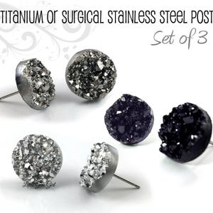 Set of 3 Druzy Earrings - Black, Silver, Gunmetal 8mm 10mm 12mm Crystal Studs Faux Druzy Post Earrings -  Titanium or Stainless Steel Studs