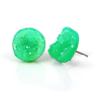 Frosted Mint Druzy Stud Earrings - 12mm Green Faux Drusy Post Earrings -  Titanium or Stainless - Bridesmaids Earrings - St Patricks Day