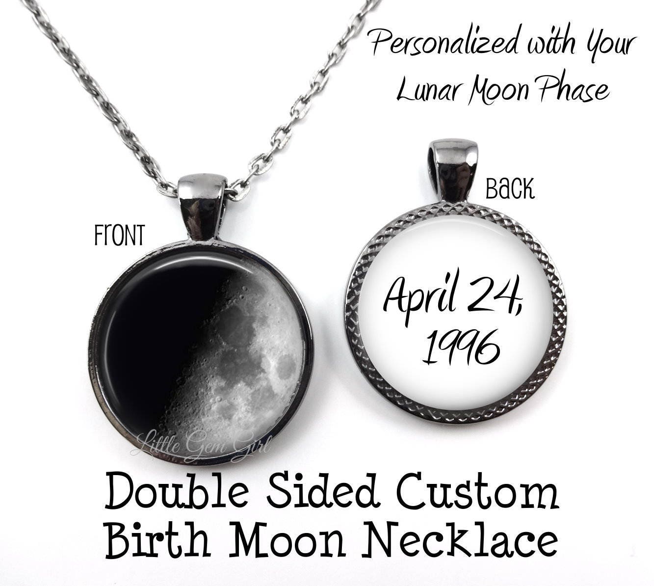 Amazon.com: Glowing Stainless Steel Custom Birth Moon Necklace Personalized  Birthday Lunar Phase Jewelry in 16mm, 18mm, 20mm or 25mm : Handmade Products