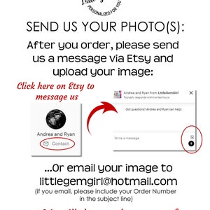 Puede incluir: Instrucciones sobre c&oacute;mo enviar una foto para un art&iacute;culo personalizado a medida. El texto dice: "Env&iacute;anos tu foto(s): Despu&eacute;s de realizar tu pedido, env&iacute;anos un mensaje a trav&eacute;s de Etsy y sube tu imagen: Haz clic aqu&iacute; en Etsy para enviarnos un mensaje... O env&iacute;a tu imagen por correo electr&oacute;nico a littlegemgirl@hotmail.com (si env&iacute;as un correo electr&oacute;nico, incluye tu n&uacute;mero de pedido en el asunto) Te enviaremos una prueba para tu revisi&oacute;n."