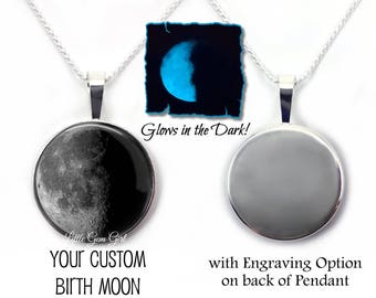Sterling Silver Custom Birth Moon Necklace - Glow in the Dark Moon Phase Pendant optional Engraving - Glowing Birthday Moon Jewelry