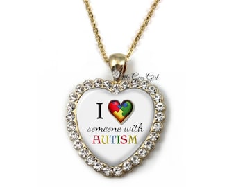 I love someone with Autism Heart Necklace in Silver or Gold Finish - Autism Support and Awareness Jewelry - Rhinestone Crystal Pendant