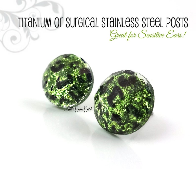 May include: A pair of green and black glitter stud earrings with titanium or surgical stainless steel posts.  Great for sensitive ears!