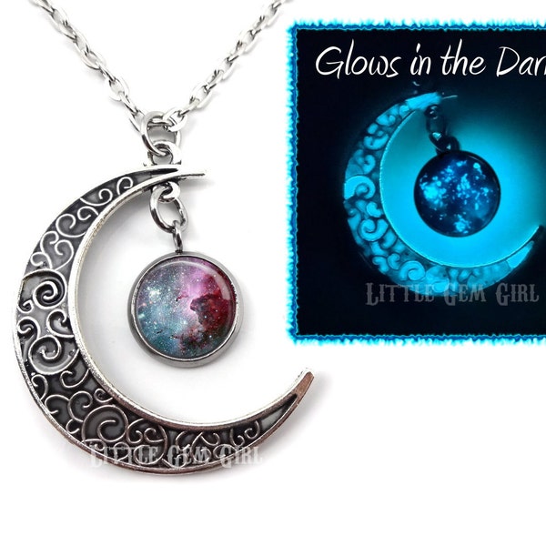 Glow in the Dark Silver Crescent Moon and Glowing Galaxy Necklace Pendant - Glowing Moon Charm - Outer Space Necklace - Glow Jewelry