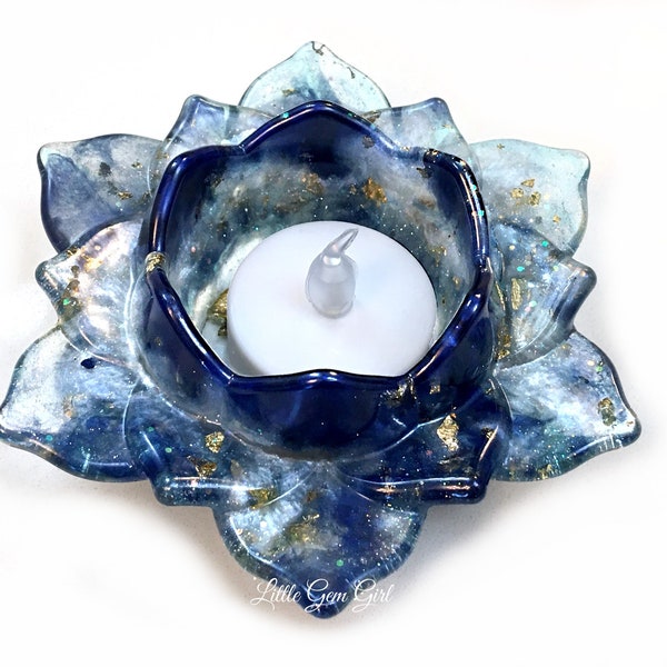 Resin Lotus Tealight Candle Holder - Deep Blue to Teal Aqua with Gold Foil Votive Candle Jewelry Dish - Decorative Ring Holder