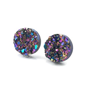 Multicolor Rainbow Aqua Purple Faux Druzy Earrings - 8mm or 10mm Studs in Titanium or Stainless Steel Posts Sensitive Ears Nickel Free