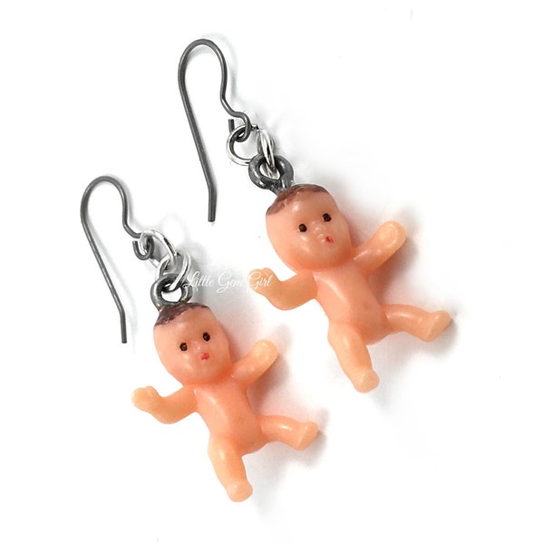 Plastic Baby Doll Earrings with Titanium French Ear Hooks for Sensitive Ears - Mini Babies Earrings