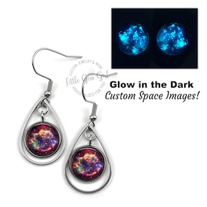 Custom Glow in the Dark Galaxy Earrings - Mix & Match Galaxies - Stainless Steel Glowing Teardrop Drop Earrings, Hypoallergenic Nickel Free