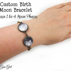 Custom Moon Date Bracelet - 1 to 4 Moons - Personalized Birth Moon Bracelet in Silver or Bronze - Birthday Moon Lunar Phase Jewelry