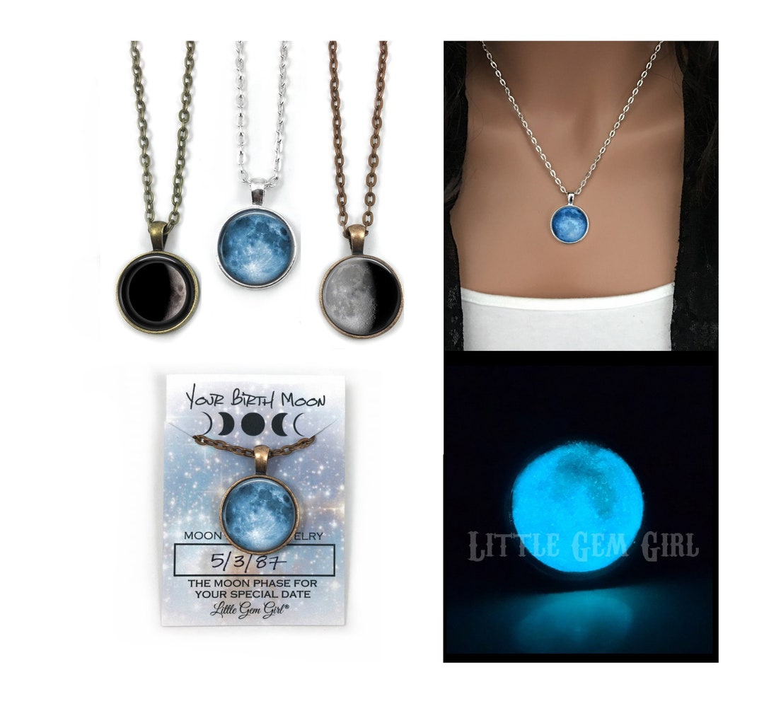 Glow in the Dark Custom Birth Moon Necklace 3 Sizes Glowing Moon Phase Jewelry Birthday Moon Jewelry Personalized Moon Necklace Etsy
