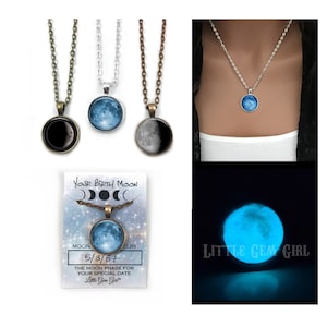 Glow in the Dark Custom Birth Moon Necklace - 3 Sizes Glowing Moon Phase Jewelry -  Birthday Moon Jewelry - Personalized Moon Necklace