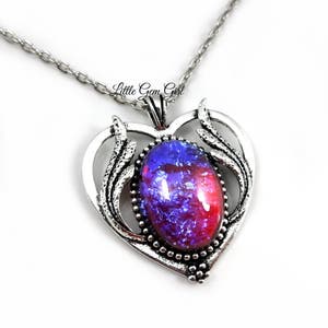 Dragons Breath Opal Necklace in Art Deco Heart Pendant - Large Czech Glass Mexican Opal Charm Red Blue Stone - Fire Opal Glass Necklace