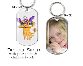 Children's Artwork Key Chain or Necklace - Personalized Father's Day Gift - Custom Dad Photo Dog Tag Key Ring - Kid's Drawing Keychain