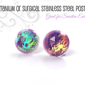 Purple Lavender Fire Opal Earrings - Rainbow Color Changing Faceted Faux Fire Opal Post Earrings -  Titanium or Stainless Steel Studs