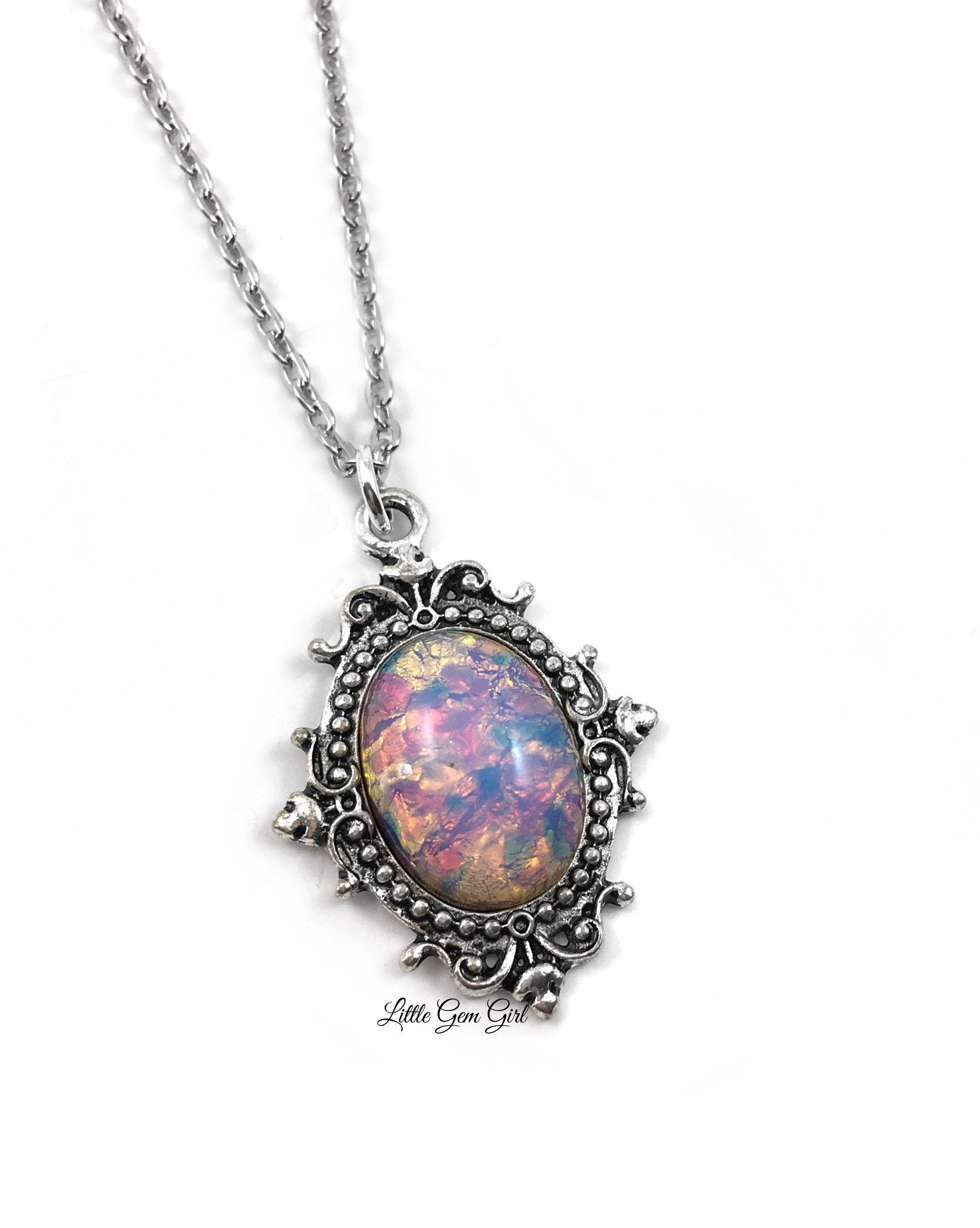 Czech Glass Fire Opal Amulet Necklace - October Birthstone Rainbow