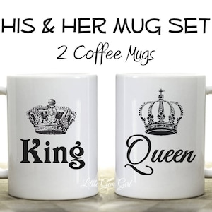 Two 15 oz Mugs - King Queen Coffee Mug Set - His and Her Coffee Cups - Mr. and Mrs. Gifts for Couple Anniversary Present - Engagement Gift