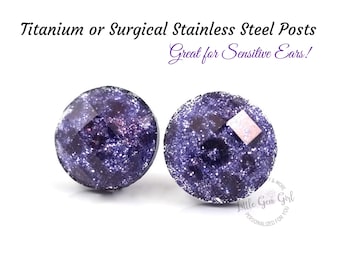 Purple Black Glitter Cheetah Stud Earrings - Animal Print Leopard Earrings Titanium or Stainless Steel Posts for Sensitive Ears, 3 Sizes