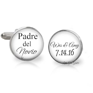 Spanish Padre del Novio Cuff Links - Father of the Groom Wedding Cufflinks - Personalized with Custom Name and Date - Sterling and Stainless