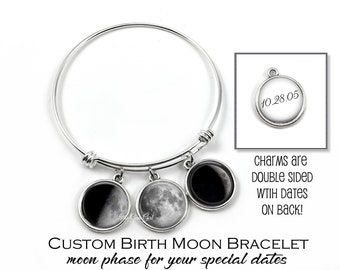 Custom Birth Moon Bracelet - 1 to 5 Personalized Moon Phase Bangle Bracelet with Double Sided Charm with Date on Back