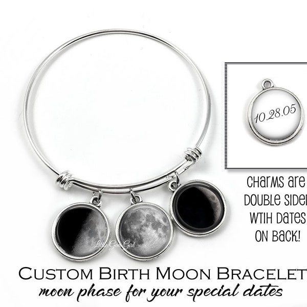 Custom Birth Moon Bracelet - 1 to 5 Personalized Moon Phase Bangle Bracelet with Double Sided Charm with Date on Back