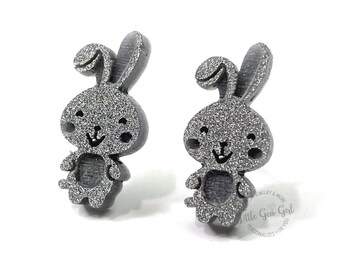 Easter Bunny Earrings Titanium or Stainless Steel Posts - Grey or Pink - Sparkly Cute Cartoon Rabbit Studs