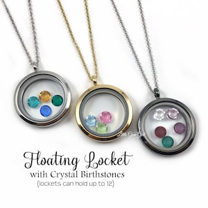 Floating Charm Locket - Custom Birthstone Necklace in Gold, Silver, Gunmetal or Stainless Steel - Mothers Day Necklace - Premium Crystals