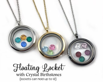 Floating Charm Locket - Custom Birthstone Necklace in Gold, Silver, Gunmetal or Stainless Steel - Mothers Day Necklace - Premium Crystals