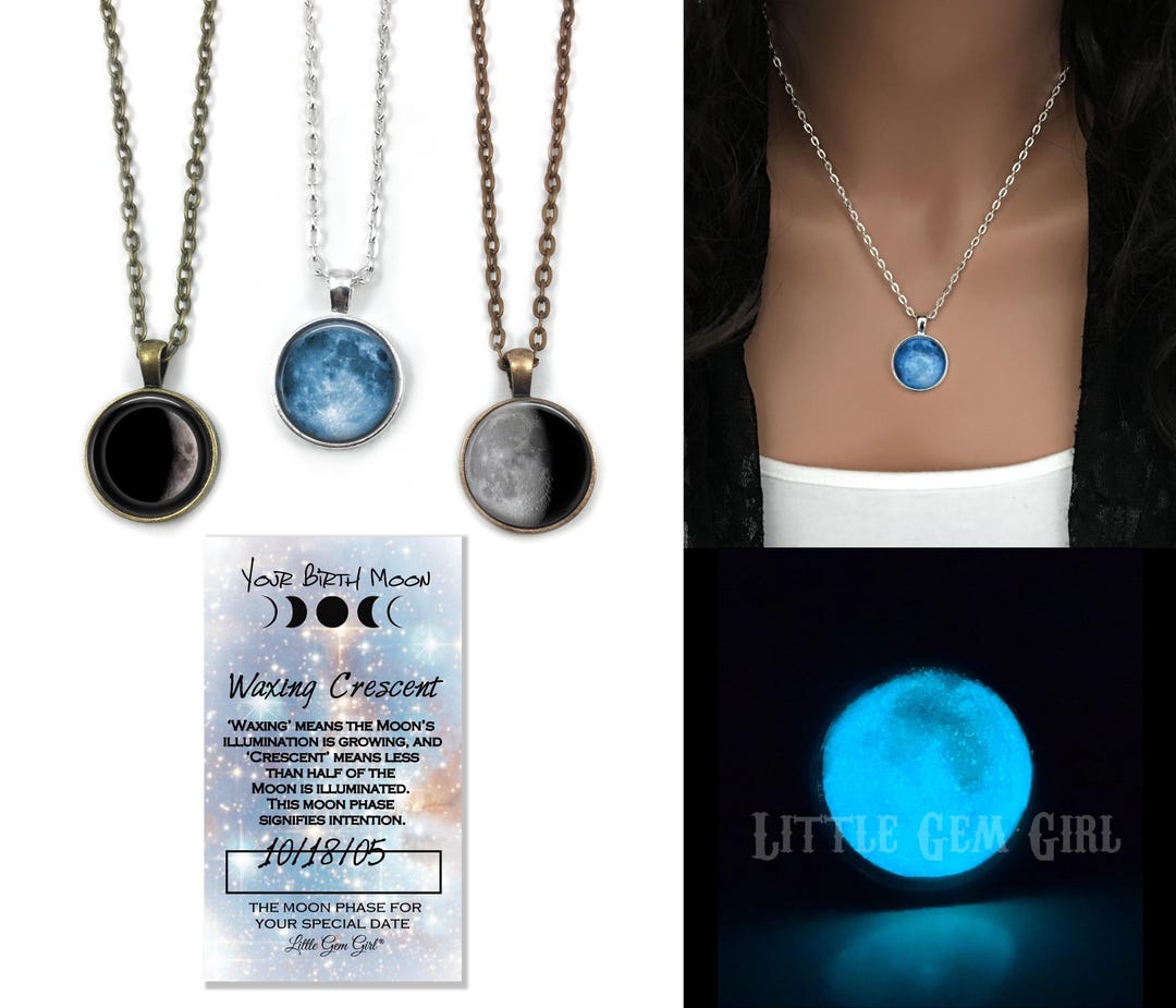 Glow in the Dark Custom Birth Moon Necklace Sizes Glowing Moon