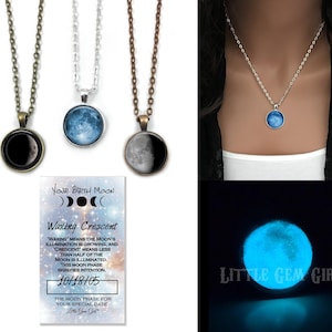 Glow in the Dark Custom Birth Moon Necklace - 3 Sizes Glowing Moon Phase Jewelry -  Birthday Moon Jewelry - Personalized Moon Necklace