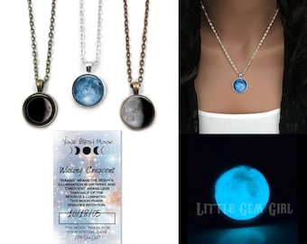 Glow in the Dark Benutzerdefinierte Geburtsmond Halskette - 3 Größen Glowing Moon Phase Schmuck - Geburtstags Mond Schmuck - personalisierte Mond Halskette