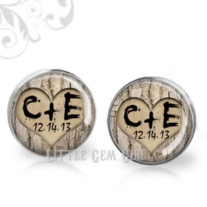 Groom Cuff Links with Custom Initials and Wedding Date Carved in Tree Cufflinks - Woodland Wedding Keepsake - Sterling Silver,Stainless,Gold